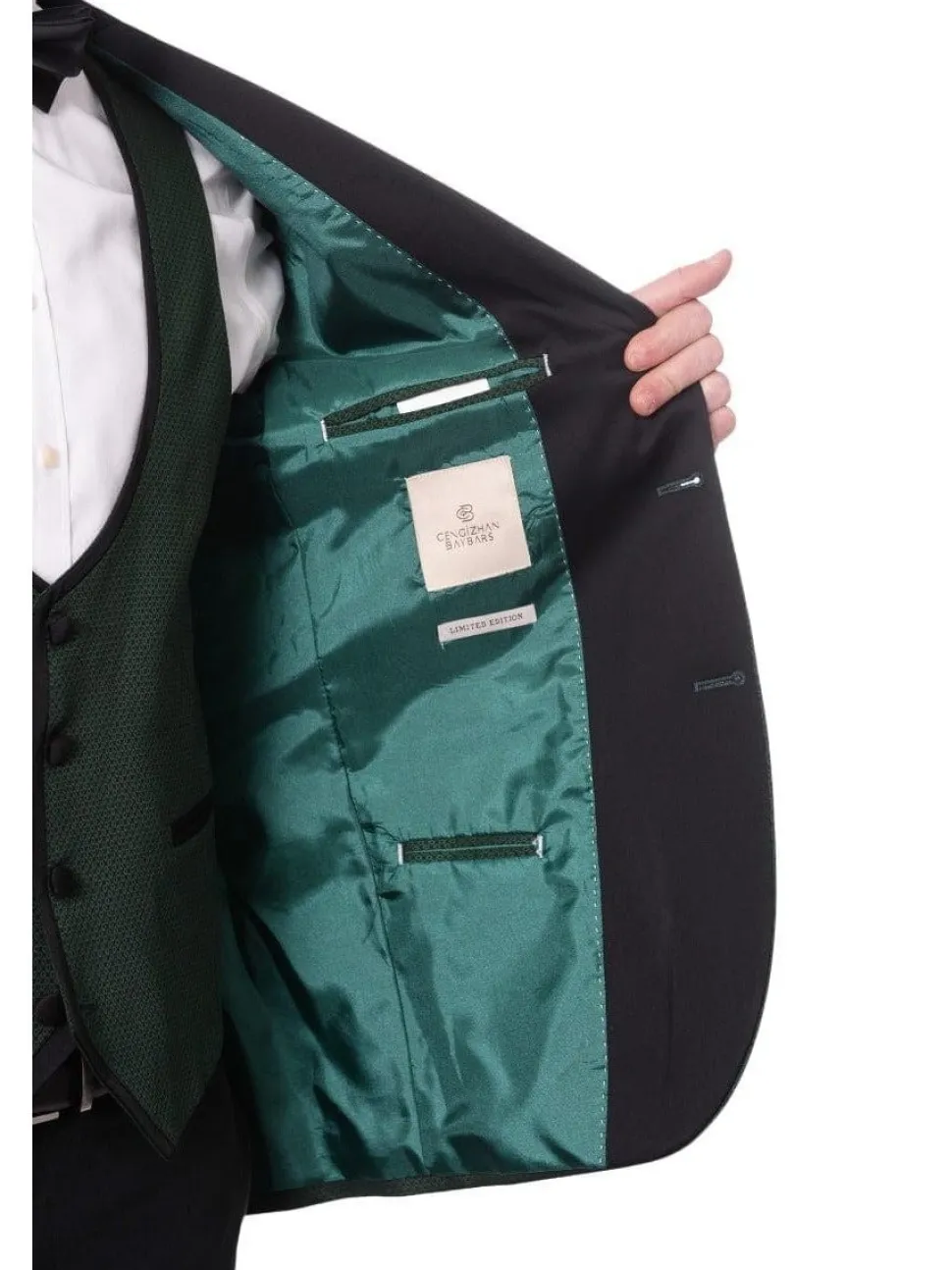 Cengizhan Baybars Mens Slim Fit Emerald Green 3-piece Tuxedo Suit Peak Lapels