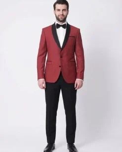 Cengizhan Baybars Men's Solid Red Slim Fit Tuxedo Suit With Black Shawl Lapels