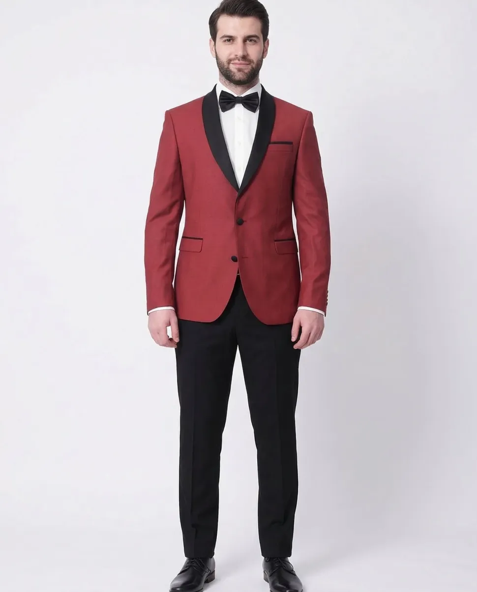 Cengizhan Baybars Men's Solid Red Slim Fit Tuxedo Suit With Black Shawl Lapels