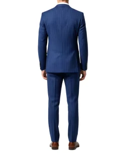 Centrion Mens Blue Pinstripe Slim Fit Peak Lapels Double Breasted Wool Suit