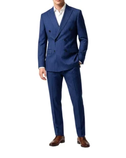 Centrion Mens Blue Pinstripe Slim Fit Peak Lapels Double Breasted Wool Suit