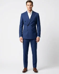 Centrion Mens Blue Pinstripe Slim Fit Peak Lapels Double Breasted Wool Suit