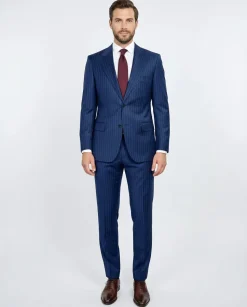 Centrion Mens Blue Pinstripe Slim Fit Peak Lapels 2 Button Wool Suit