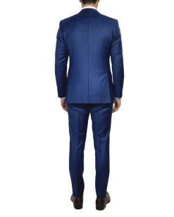 Centrion Mens Blue Pinstripe Slim Fit Peak Lapels 2 Button Wool Suit