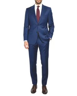Centrion Mens Blue Pinstripe Slim Fit Peak Lapels 2 Button Wool Suit