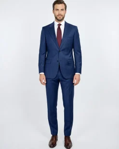 Centrion Mens Blue Pinstripe Classic Fit Peak Lapels 2 Button Wool Suit