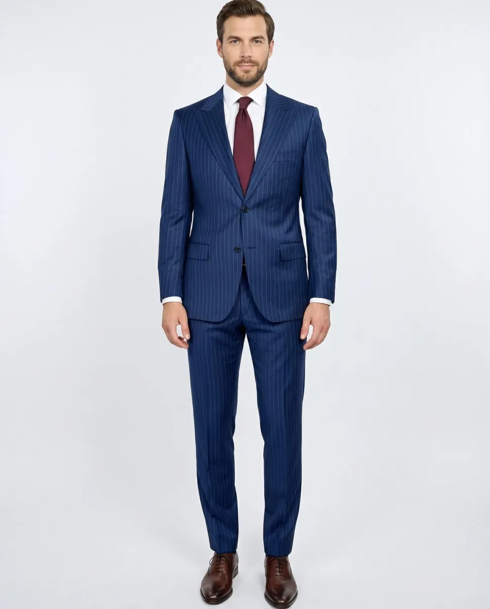 Centrion Mens Blue Pinstripe Classic Fit Peak Lapels 2 Button Wool Suit