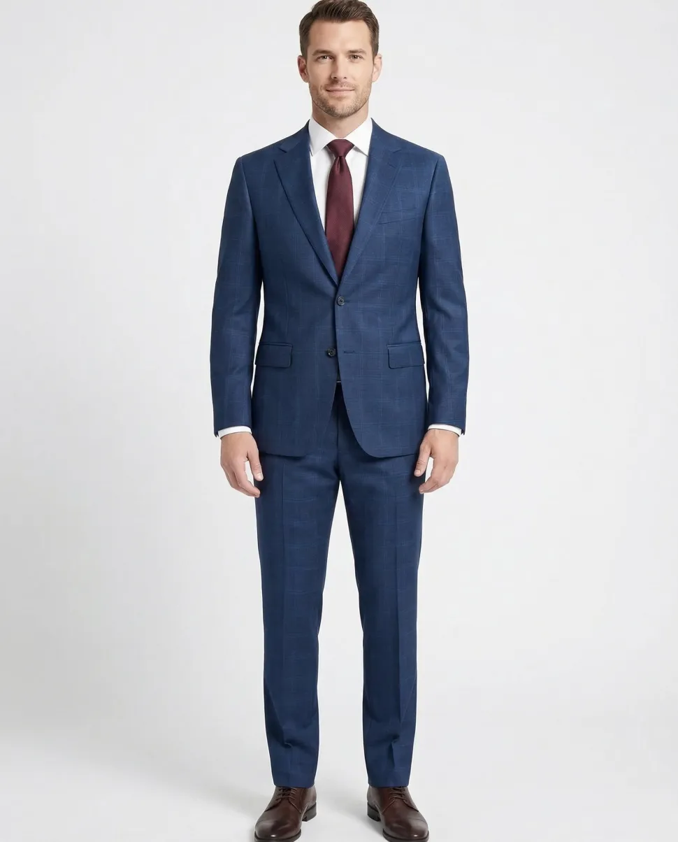 Centrion Men's Blue Plaid Classic Fit Notch Lapels 2 Button Wool Blend Suit
