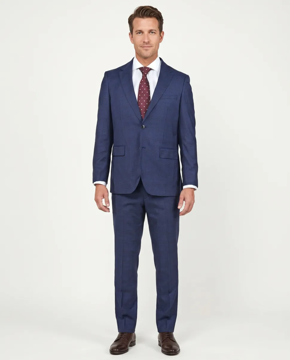 Centrion Mens Blue Plaid Regular Fit 100% Wool 2 Button Suit