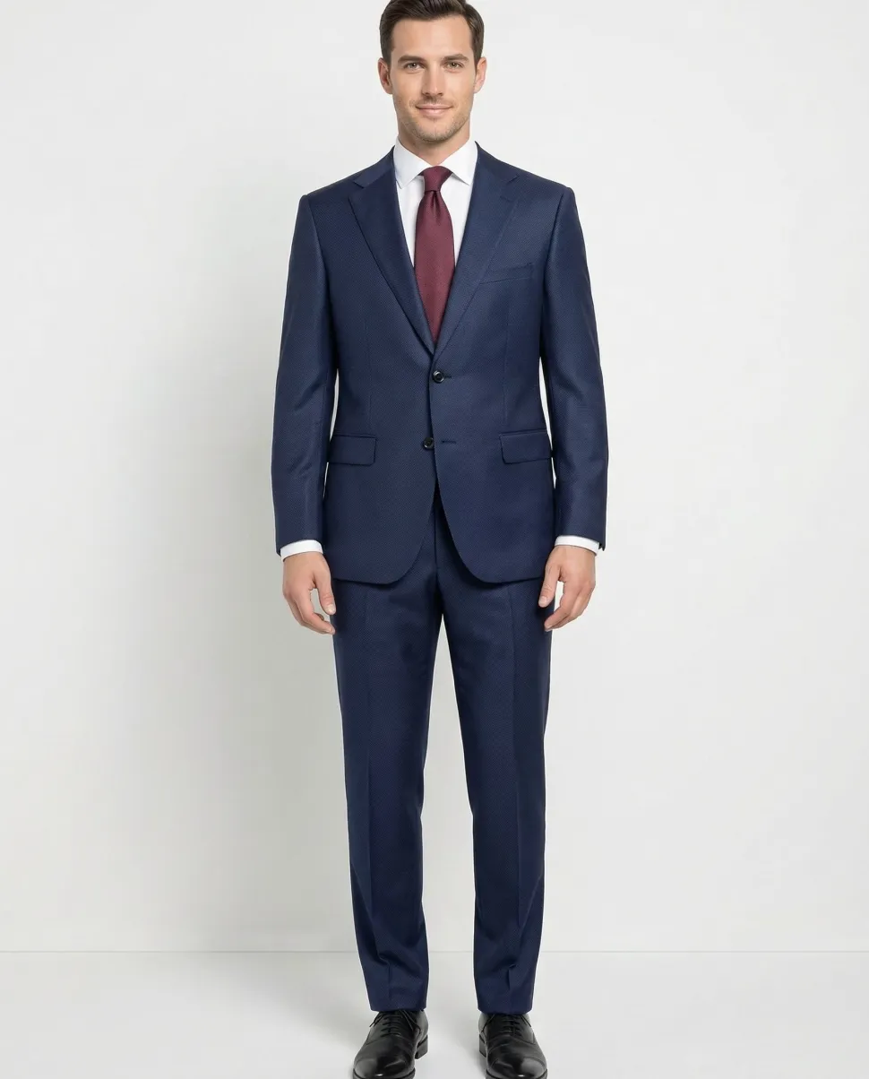 Centrion Mens Blue Textured Weave Classic Fit Notch Lapels 2 Button Wool Suit