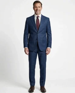 Centrion Mens Blue Windowpane Classic Fit Notch Lapels 2 Button Wool Suit