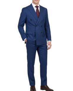 Centrion Mens Cobalt Blue Tonal Stripe Peak Lapels Slim Fit 2 Button Double Breasted Wool Suit