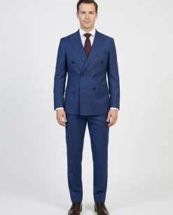 Centrion Mens Cobalt Blue Tonal Stripe Peak Lapels Slim Fit 2 Button Double Breasted Wool Suit