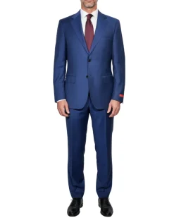Centrion Mens Cobalt Blue Tonal Stripe Notch Lapels Slim Fit 2 Button Wool Suit