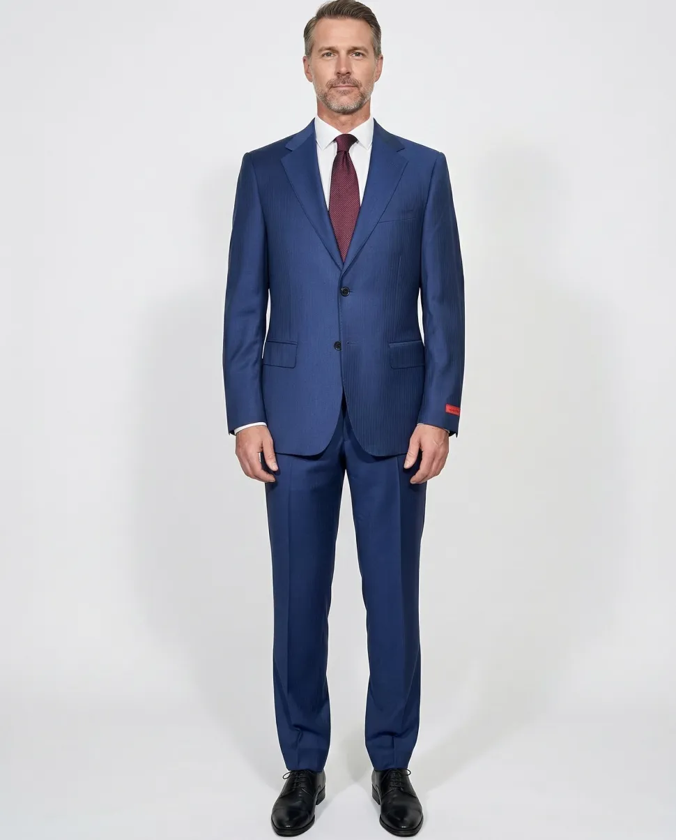 Centrion Mens Cobalt Blue Tonal Stripe Notch Lapels Slim Fit 2 Button Wool Suit