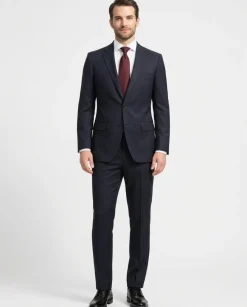 Centrion Mens Dark Blue Herringbone Stripe Notch Lapels Slim Fit 2 Button Wool Suit