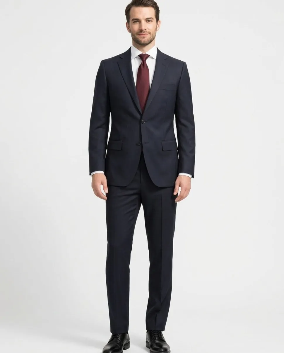 Centrion Mens Dark Blue Herringbone Stripe Notch Lapels Slim Fit 2 Button Wool Suit