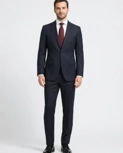 Centrion Mens Dark Blue Herringbone Stripe Notch Lapels Classic Fit 2 Button Wool Suit