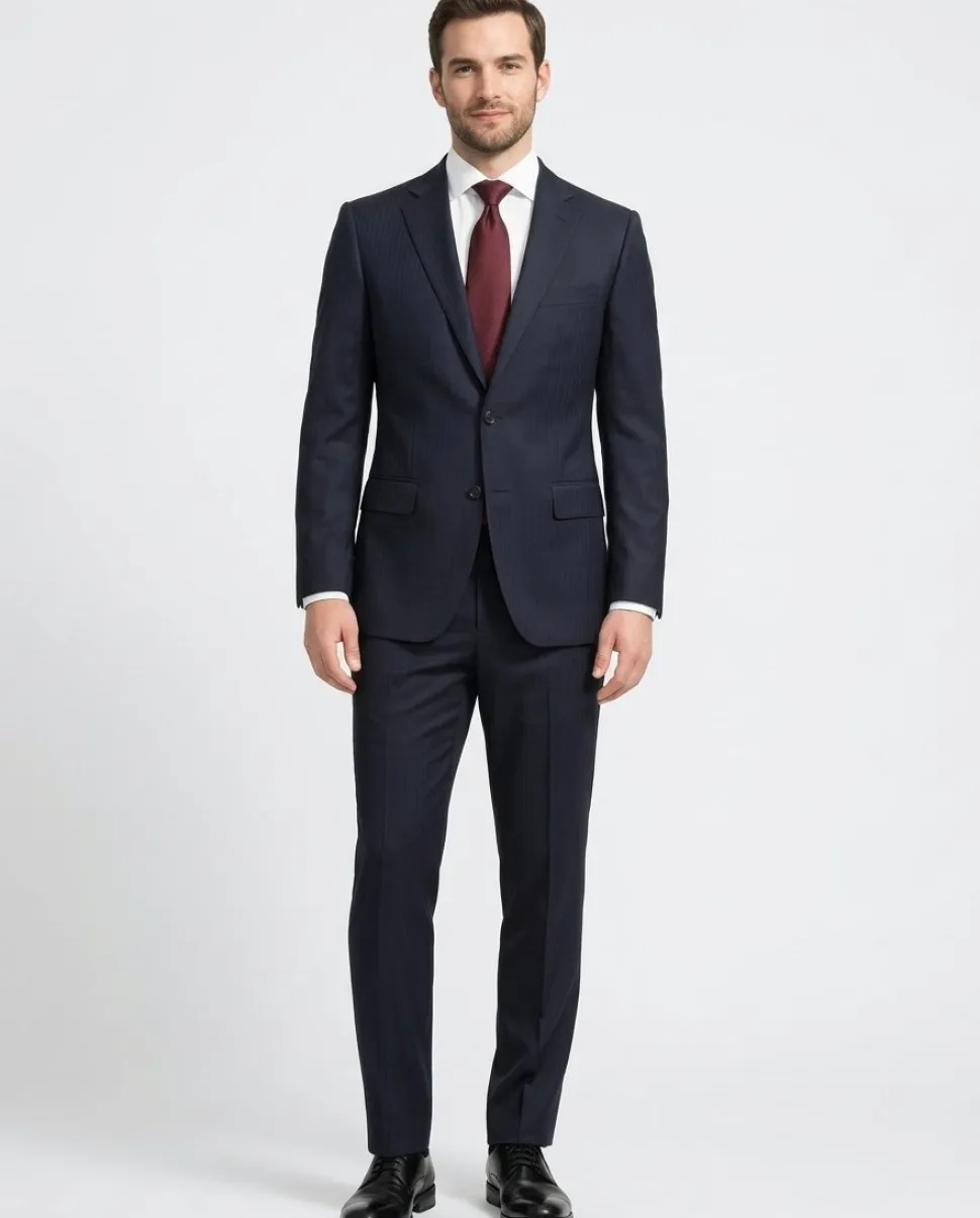 Centrion Mens Dark Blue Herringbone Stripe Notch Lapels Classic Fit 2 Button Wool Suit