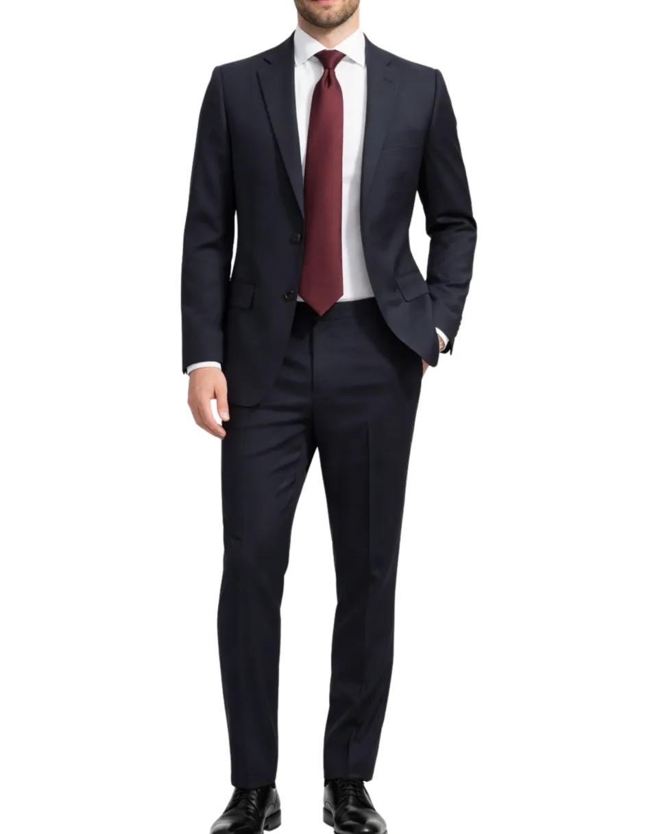 Centrion Mens Dark Blue Herringbone Stripe Notch Lapels Classic Fit 2 Button Wool Suit