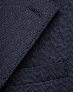Centrion Mens Dark Blue Herringbone Stripe Notch Lapels Classic Fit 2 Button Wool Suit