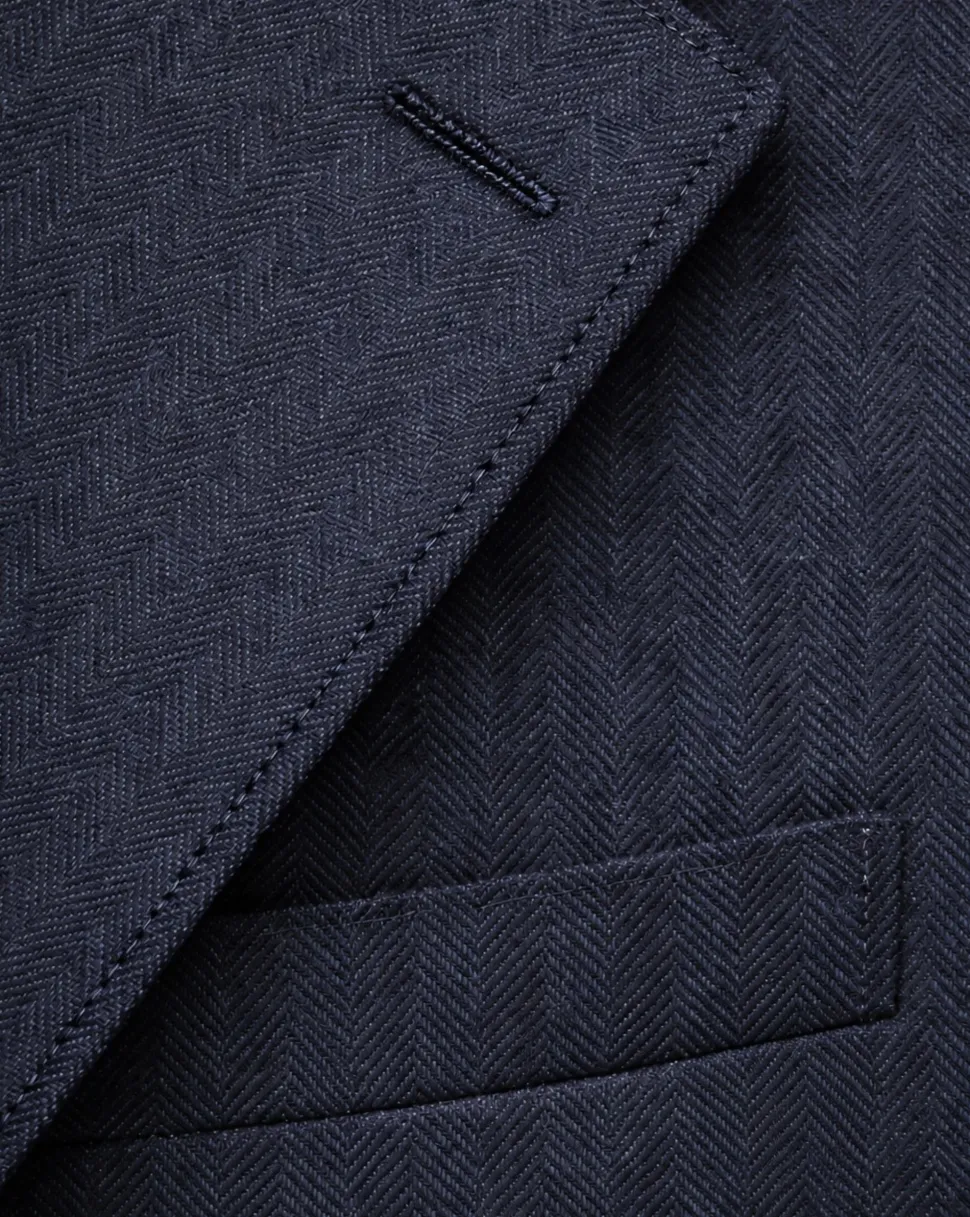 Centrion Mens Dark Blue Herringbone Stripe Notch Lapels Classic Fit 2 Button Wool Suit