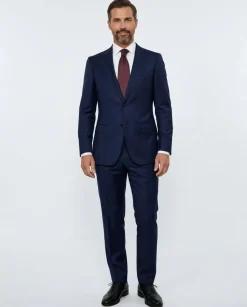 Centrion Mens Dark Blue Subtle Windowpane Slim Fit Notch Lapels 2 Button Wool Suit