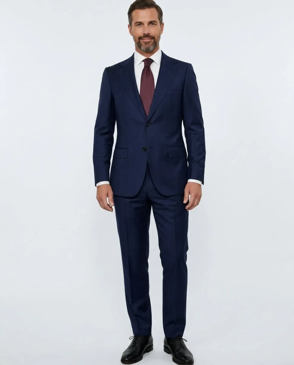 Centrion Mens Dark Blue Subtle Windowpane Slim Fit Notch Lapels 2 Button Wool Suit