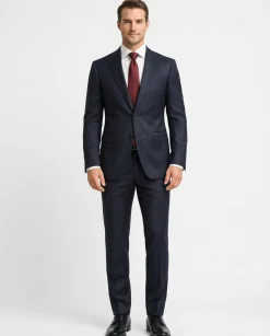 Centrion Mens Dark Blue Textured Classic Fit Peak Lapels 2 Button Stretch Wool Blend Suit