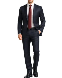 Centrion Mens Dark Blue Textured Classic Fit Peak Lapels 2 Button Stretch Wool Blend Suit
