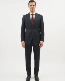 Centrion Mens Navy Blue Chalk Stripe Notch Lapels Classic Fit 2 Button Wool Suit