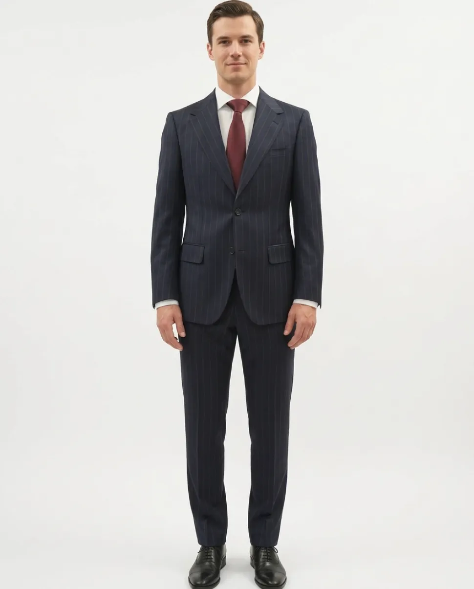 Centrion Mens Navy Blue Chalk Stripe Notch Lapels Classic Fit 2 Button Wool Suit