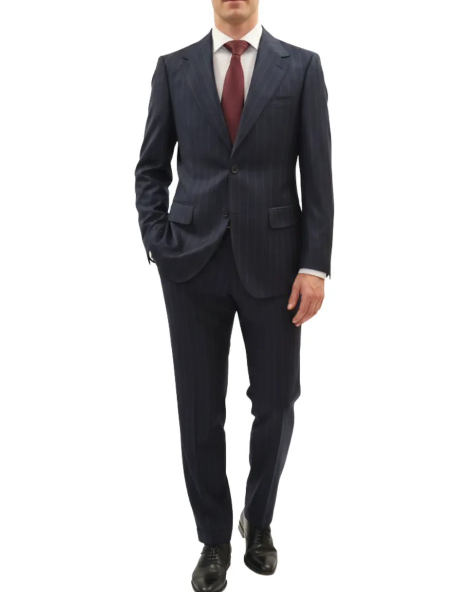 Centrion Mens Navy Blue Chalk Stripe Notch Lapels Classic Fit 2 Button Wool Suit