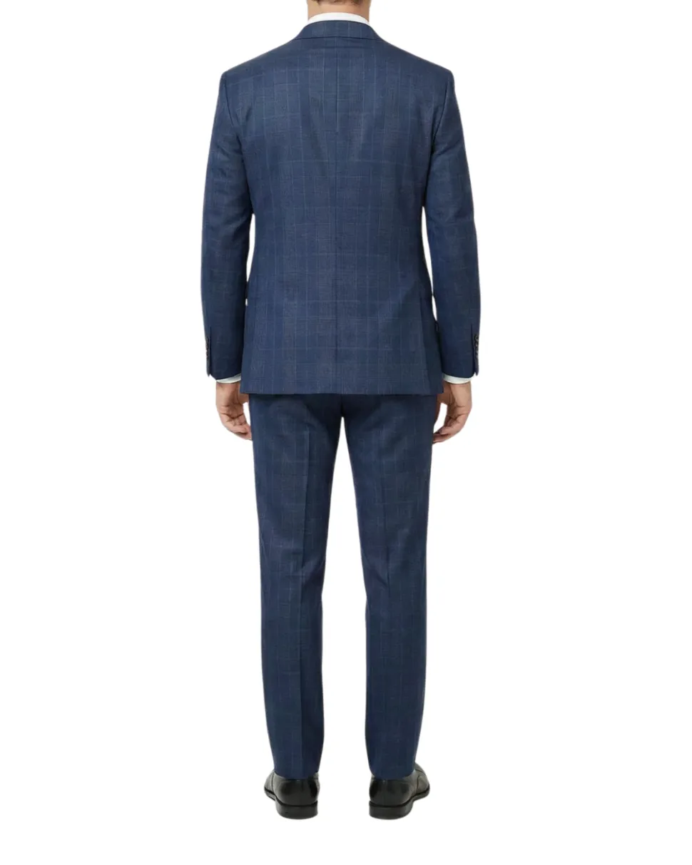 Centrion Mens Navy Blue Plaid Classic Fit Peak Lapels 2 Button Wool Suit