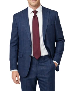 Centrion Mens Navy Blue Plaid Classic Fit Peak Lapels 2 Button Wool Suit