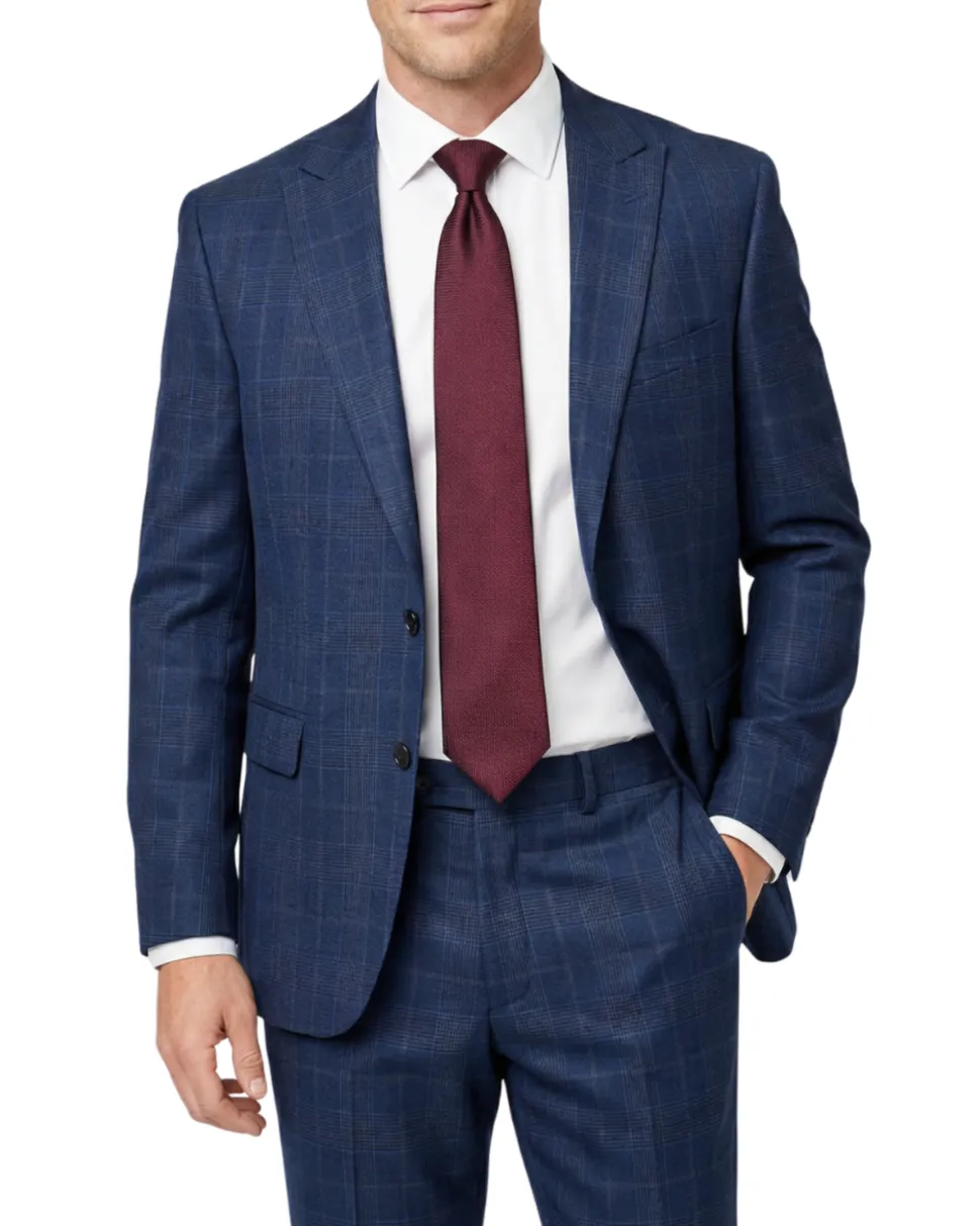 Centrion Mens Navy Blue Plaid Classic Fit Peak Lapels 2 Button Wool Suit