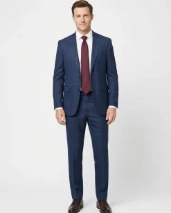 Centrion Mens Navy Blue Plaid Classic Fit Peak Lapels 2 Button Wool Suit