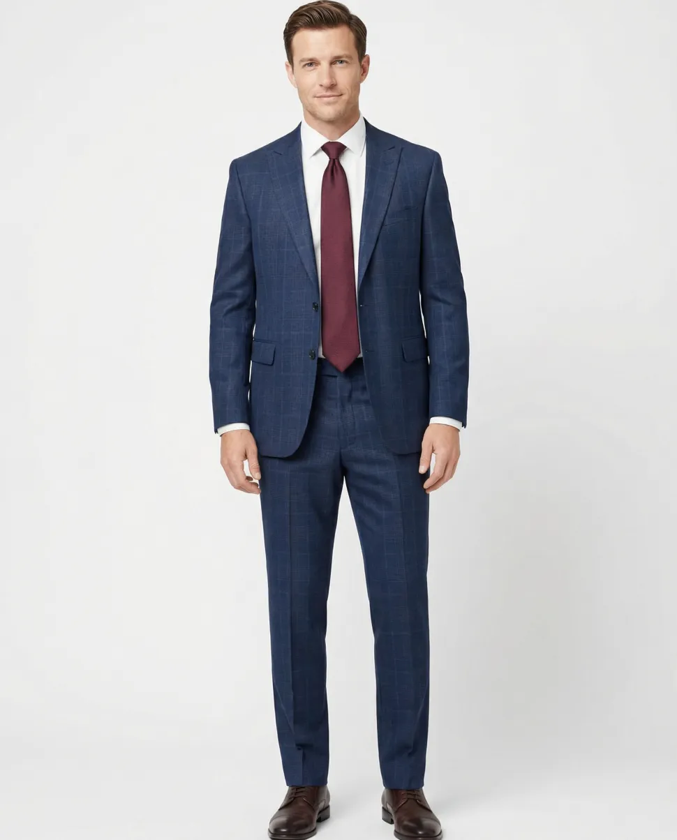 Centrion Mens Navy Blue Plaid Classic Fit Peak Lapels 2 Button Wool Suit
