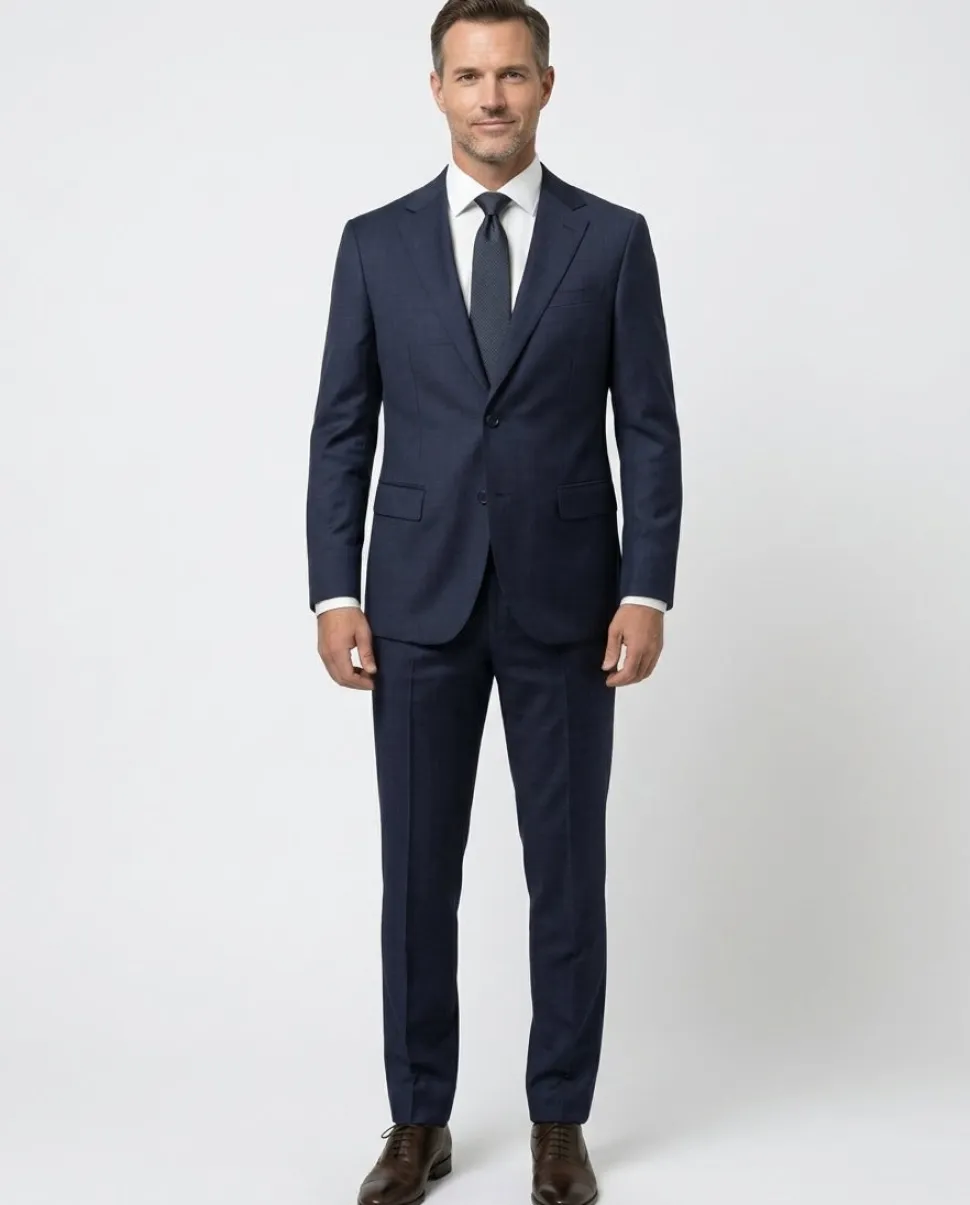 Centrion Mens Navy Blue Subtle Tonal Plaid Notch Lapels Slim Fit 2 Button Wool Suit