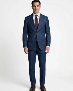 Centrion Men's Navy Blue Windowpane Classic Fit Notch Lapels 2 Button Wool Suit