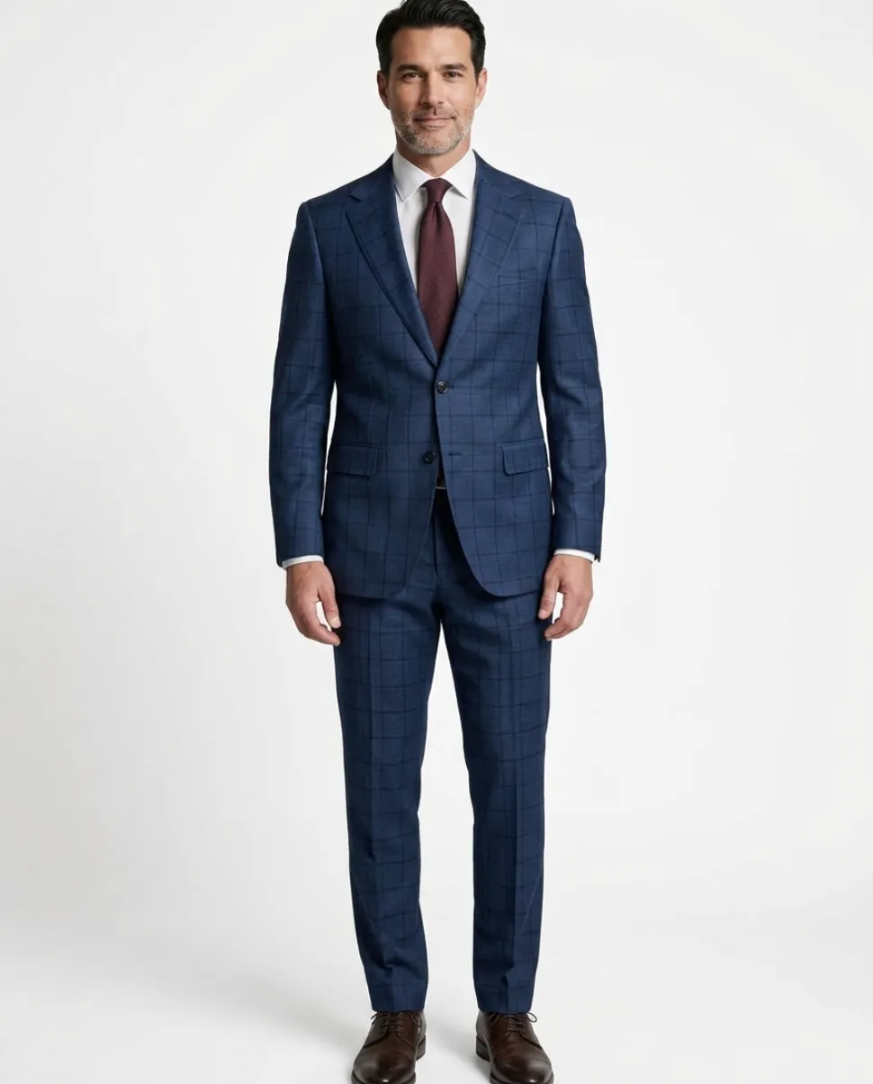 Centrion Men's Navy Blue Windowpane Classic Fit Notch Lapels 2 Button Wool Suit