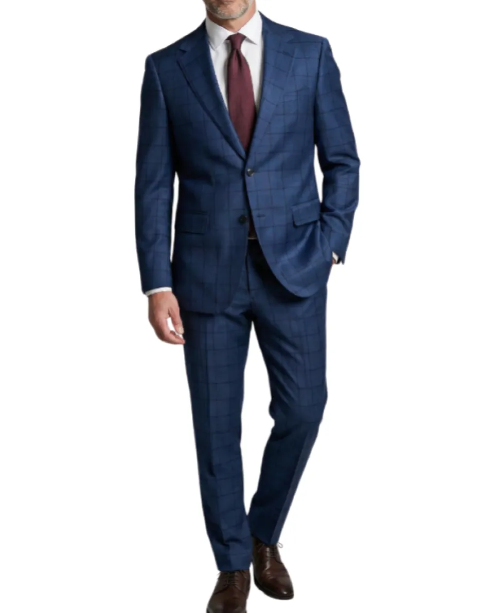 Centrion Men's Navy Blue Windowpane Classic Fit Notch Lapels 2 Button Wool Suit