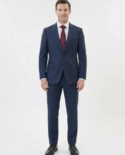 Centrion Mens Navy Pinstripe Slim Fit Peak Lapels 2 Button Wool Suit