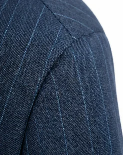 Centrion Mens Navy Pinstripe Slim Fit Peak Lapels 2 Button Wool Suit