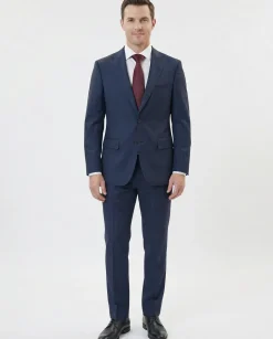 Centrion Mens Navy Pinstripe Classic Fit Peak Lapels 2 Button Wool Suit