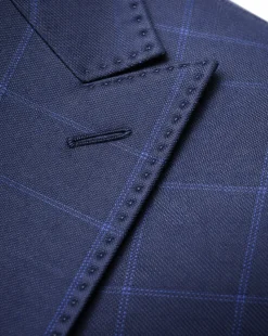 Centrion Men's Navy Windowpane Classic Fit Peak Lapels 2 Button Wool Suit