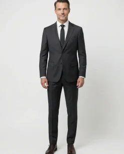 Centrion Mens Solid Black Fine Twill Weave Notch Lapels Classic Fit 2 Button Wool Suit