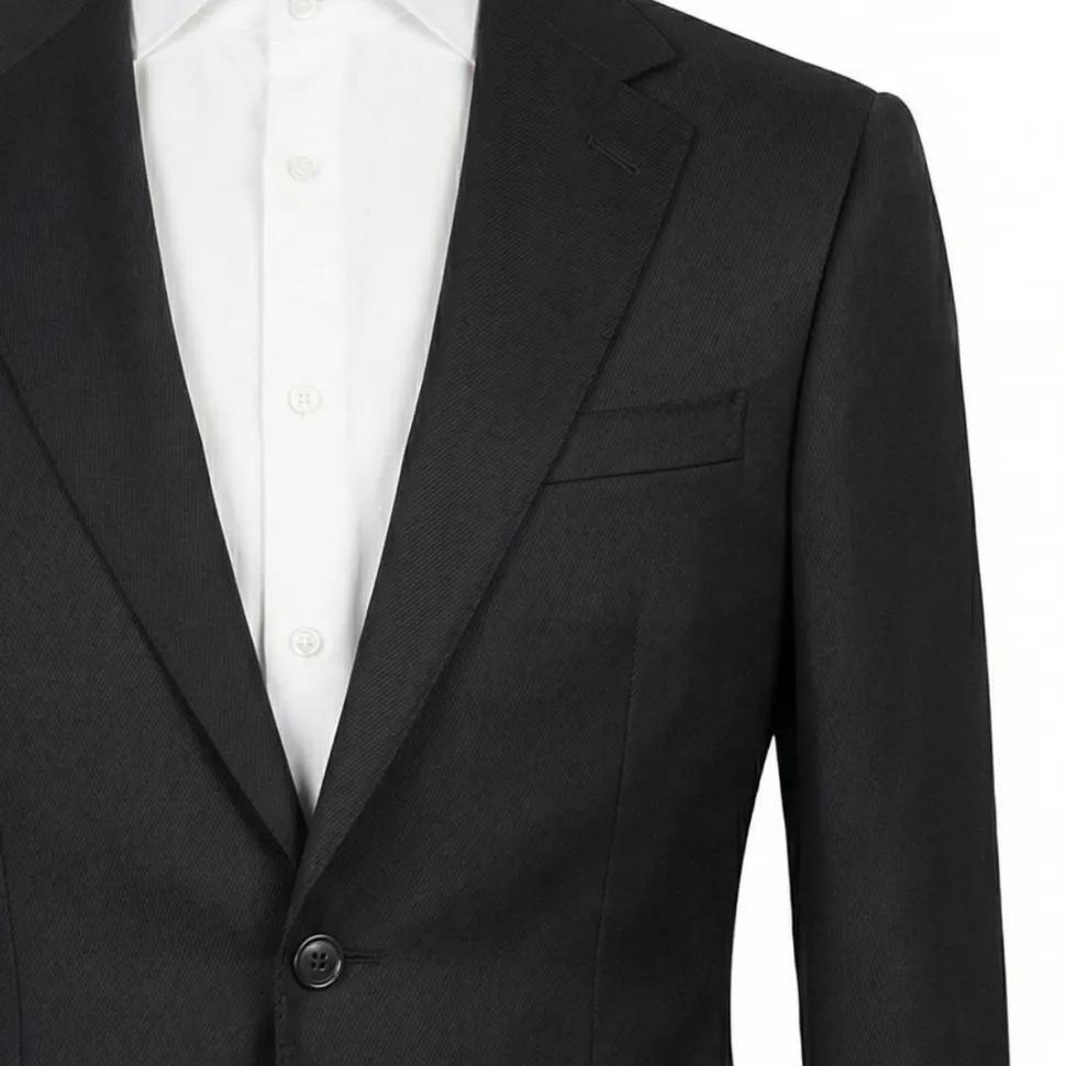 Centrion Mens Solid Black Fine Tight Weave Notch Lapels Classic Fit 2 Button Wool Suit