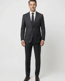 Centrion Mens Solid Black Fine Tight Weave Notch Lapels Classic Fit 2 Button Wool Suit
