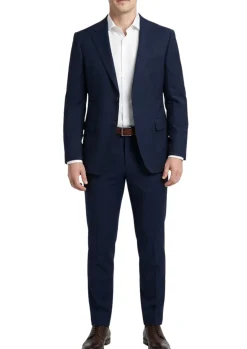Centrion Mens Solid Navy Blue Fine Textured Weave Slim Fit Notch Lapels 2 Button Wool Suit